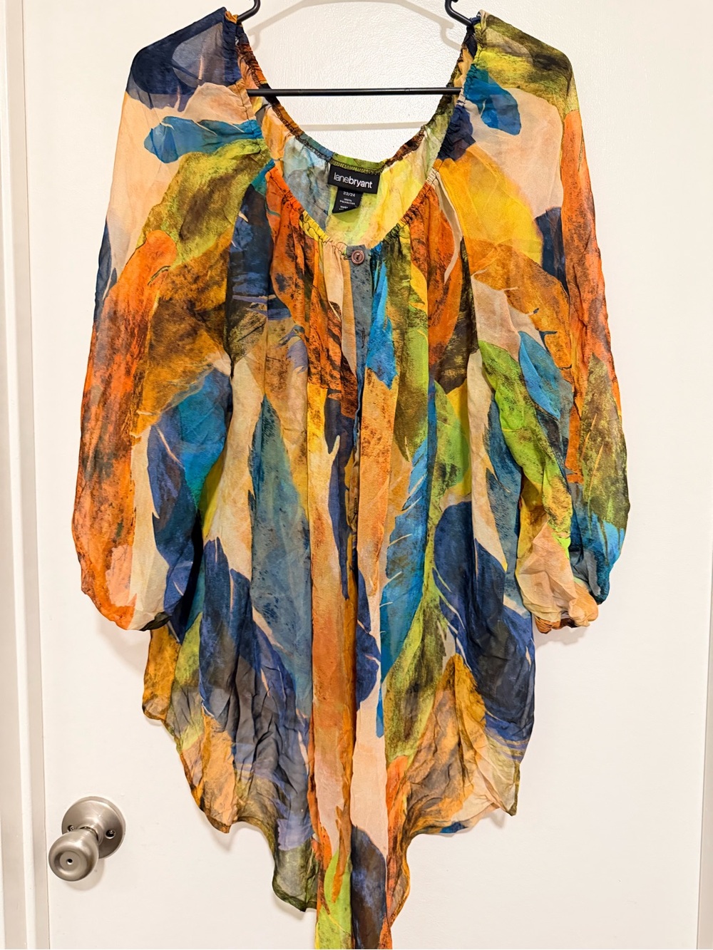 Lane Bryant Multicolor Sheer Leaf-Print Tunic - Blue, Green, Orange